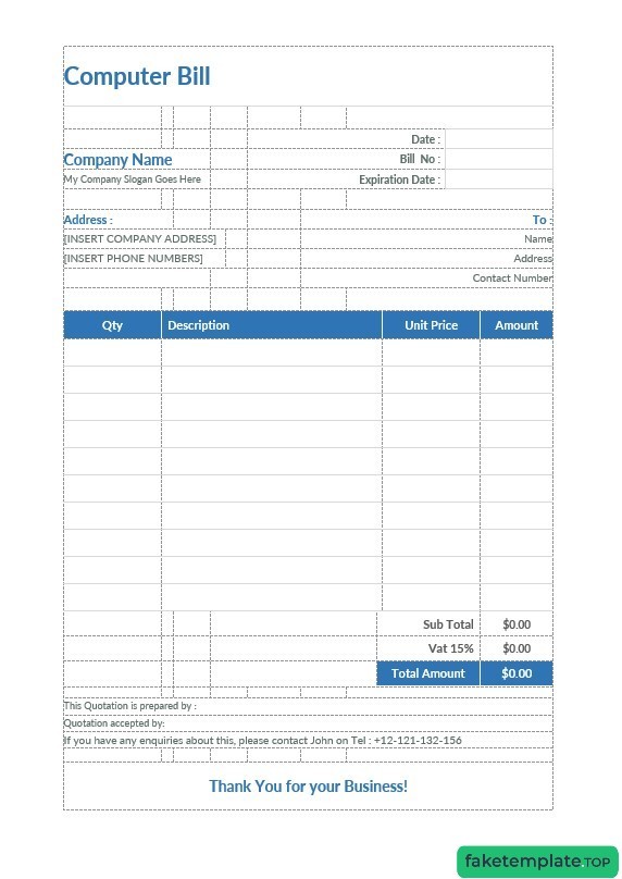 Feature of fake Computer Bill Format Template